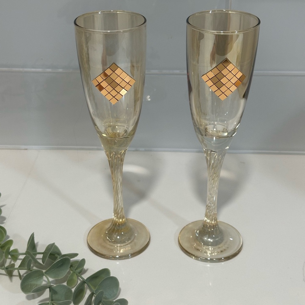 Franco Vetrerie Champagne Flute Glasses Set Of 2 Bronze Tone Embellish crystal - Picture 2 of 8